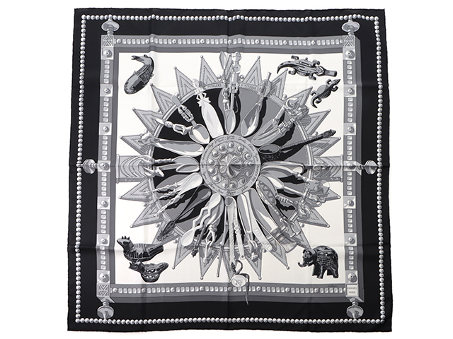 HERMES エルメス カレ90 シルク ブラック ホワイト CUILLERS D 