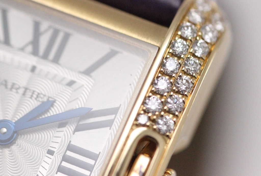 2013年11月正規品 Cartier カルティエ 腕時計 タンクアングレーズ SM WT100014 K18イエローゴールド/クロコベルト/ダイヤモンドベゼル シルバー文字盤 クォーツ【472】SJ