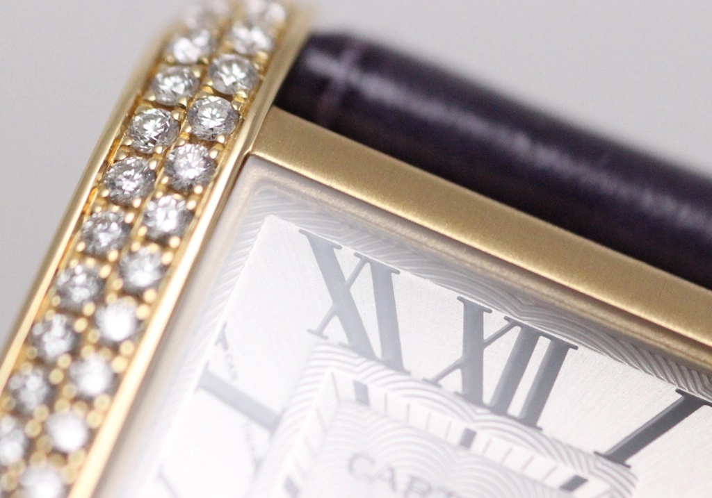 2013年11月正規品 Cartier カルティエ 腕時計 タンクアングレーズ SM WT100014 K18イエローゴールド/クロコベルト/ダイヤモンドベゼル シルバー文字盤 クォーツ【472】SJ