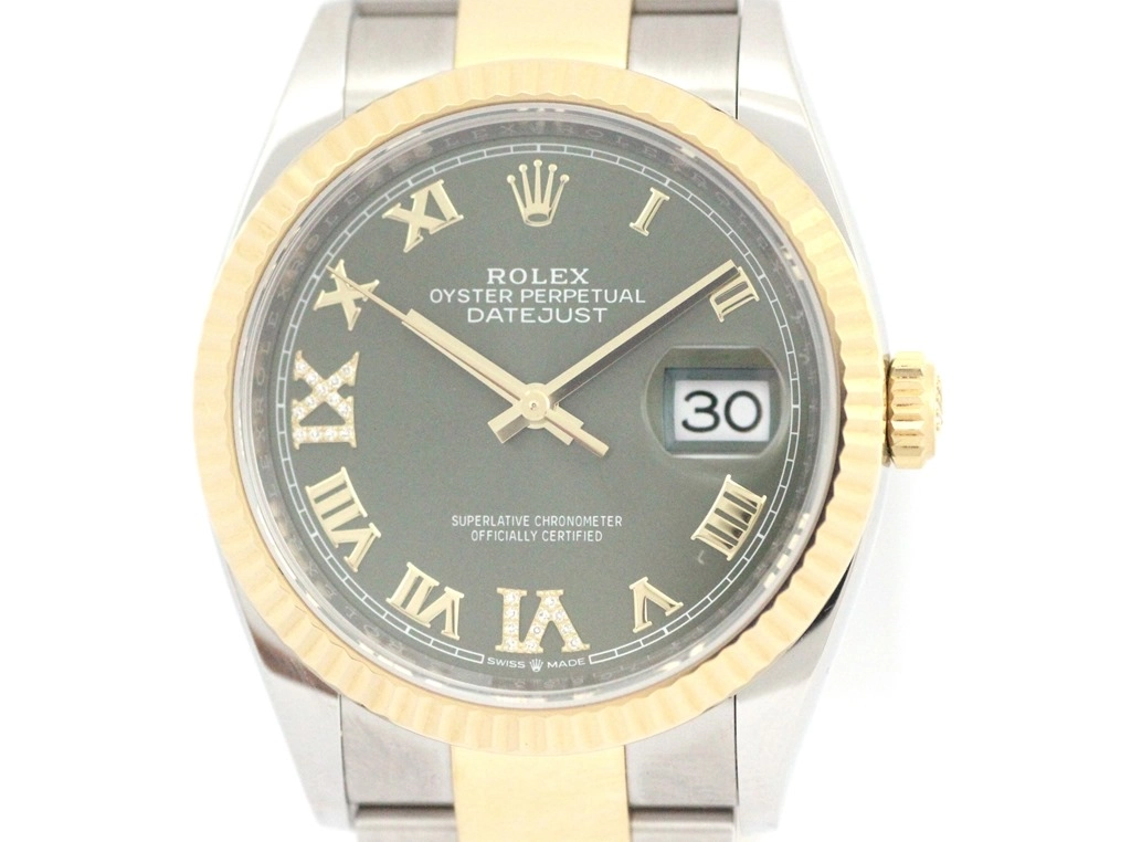 2021年10月正規品 ROLEX ロレックス 腕時計 デイトジャスト36 126233 オイスタースチール／イエローゴールド オリーブグリーンダイヤモンド文字盤 オイスターブレスレット 自動巻き【472】SJ