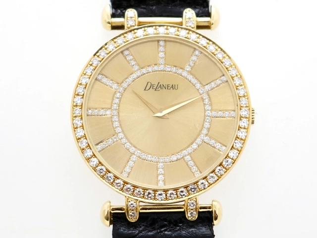 DELANEAU デラノ ダイヤベゼル クオーツ 750YG/革ベルト レディース腕時計 文字盤シャンパンゴールド ダイヤモンドインデックス  2143700171392 【437】 の購入なら「質」の大黒屋（公式）