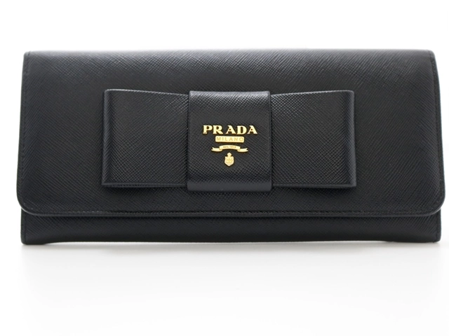 PRADA プラダ 二つ折りリボン ホックボタン式長財布 ブラック/GP 