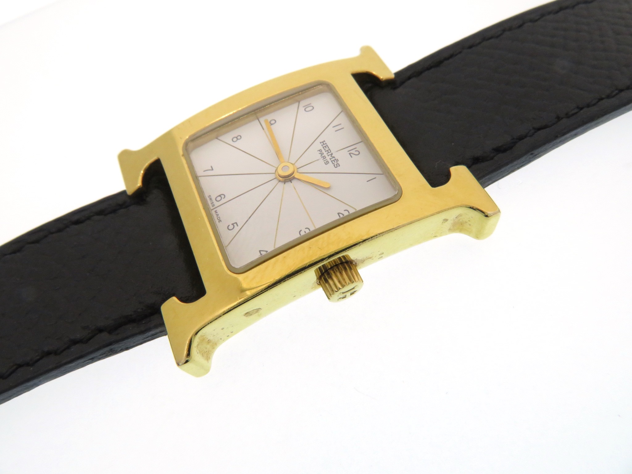 HERMES エルメス Hウォッチ・ロムロス レザー/GP ブラック