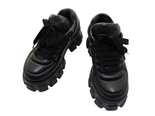 PRADA ブラックレザー 厚底スニーカーモノリス プラダ モノリス レザー スニーカー 37 レディース ブラック