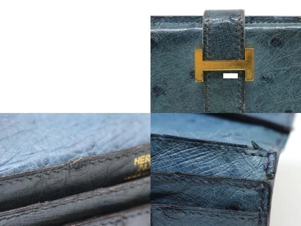 HERMES　エルメス　財布　ベアン二つ折り長財布 ブルー/GP（ゴールド金具）オーストリッチ　○Z刻印（1996年製造）　【200】【中古】【大黒屋】