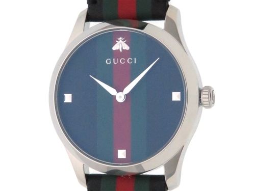 GUCCI グッチ Gタイムレス ミディアムウォッチ SS/革 ウェブストライプ