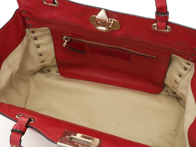 VALENTINO バレンチノ ヴァレンティノ トートバッグ 2WAYショルダーバッグ ロックスタッズ カーフ レッド ゴールド金具 【434】
