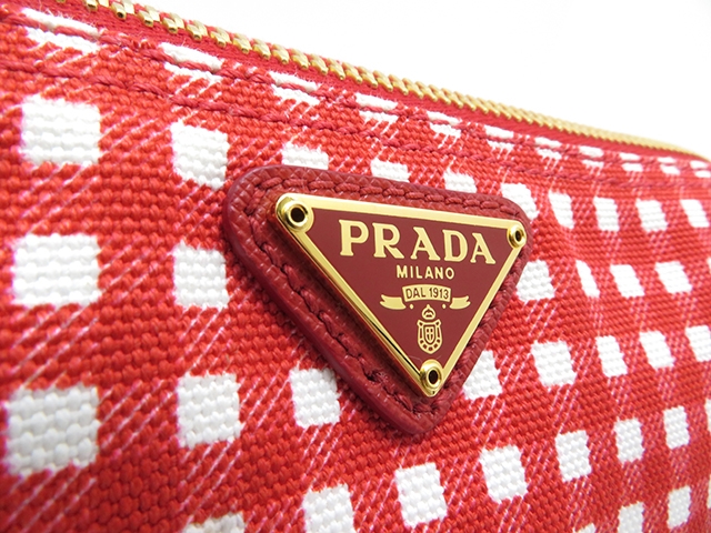 PRADA プラダ チェック柄ポーチ レッド キャンバス【432