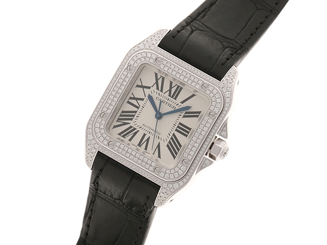 オーバーホール済】 Cartier カルティエ サントス100MM ＷＭ501751 WG/革ベルト(Dバックル) ダイヤベゼル シルバー文字盤  ボーイズ 自動巻き 【436】 の購入なら「質」の大黒屋（公式）