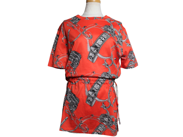 HERMES エルメス Tシャツ レディース38 オレンジ グレー