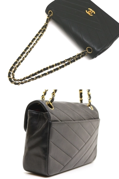 CHANEL シャネル バイアスステッチＷチェーンショルダーバッグ ブラック GP ラムスキン 【200】