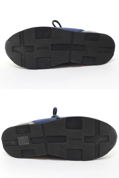 HERMES エルメス 靴 マイルス ローカットスニーカー メンズ41ハーフ ネイビー ブラック ブラウン ファブリック レザー H162357Z (2120500223650) 【200】