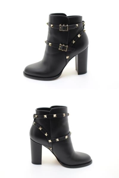 VALENTINO バレンチノ 靴 ロックスタッズアンクルブーツ レディース37(約23.5cm) ブラック 革 DZ710 2 (2148103863707) 【200】