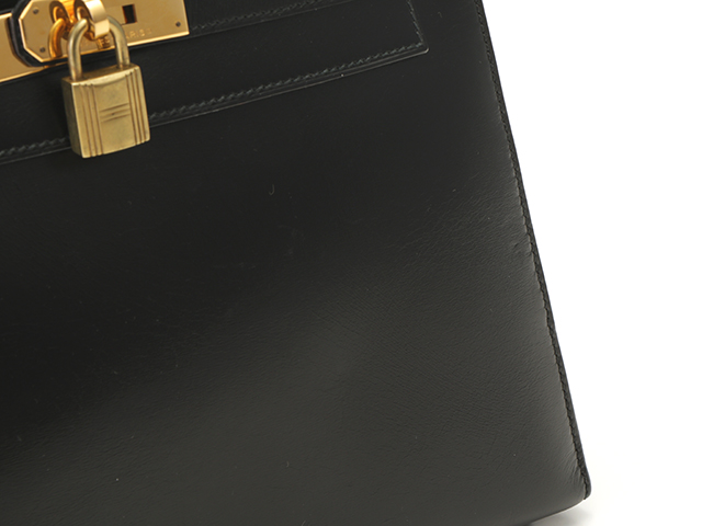 エルメス ケリー28 ボックスカーフ ブラック ゴールド金具 ○S:1989年 エルメス ケリー28/外縫い ブラック ボックスカーフ シルバー