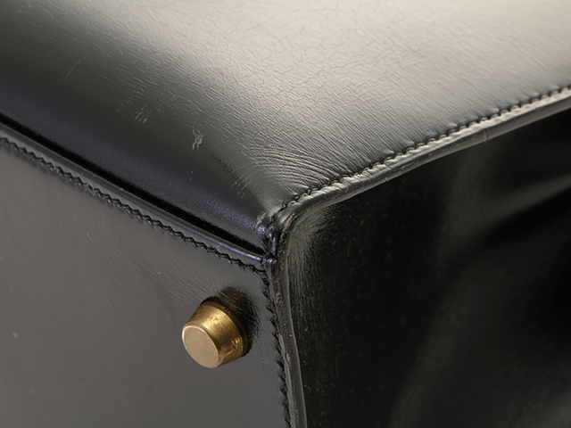 エルメス ケリー28 ボックスカーフ ブラック ゴールド金具 ○S:1989年 エルメス ケリー28/外縫い ブラック ボックスカーフ シルバー