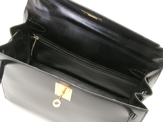 エルメス ケリー28 ボックスカーフ ブラック ゴールド金具 ○S:1989年 ケリー28 内縫い ブラック/ゴールド金具 ボックスカーフ HERMES