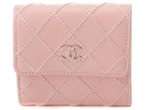 CHANEL シャネル ワイルドステッチ レザー ピンク 三つ折り財布【433