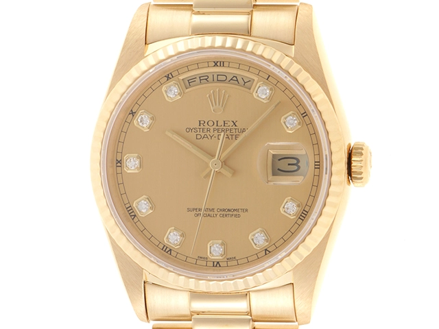 R番 ROLEX ロレックス 時計 デイデイト 18238G シャンパンゴールド文字盤 10Pダイヤ YG 自動巻き メンズ（2120000280184）M【200】