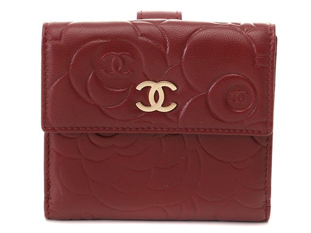CHANEL シャネル カメリア Wホック財布 ボルドー/GP レザー