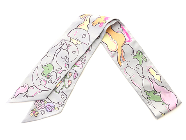 HERMES エルメス スカーフ ツイリー MILLE ET UN LAPINS グリス
