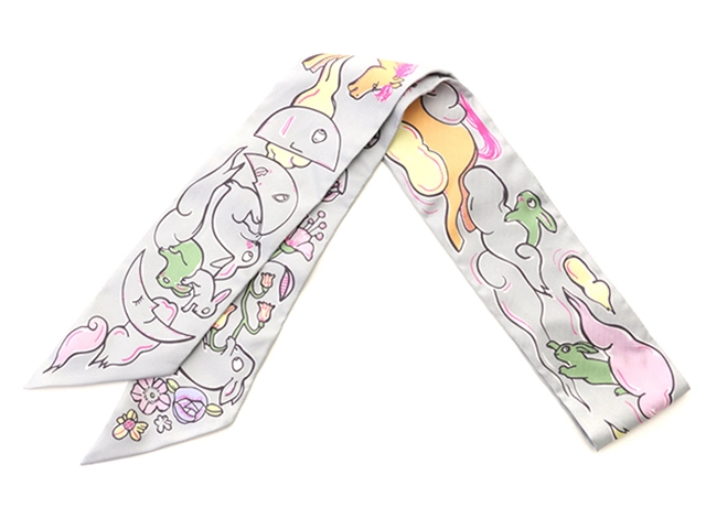 HERMES エルメス スカーフ ツイリー MILLE ET UN LAPINS グリス