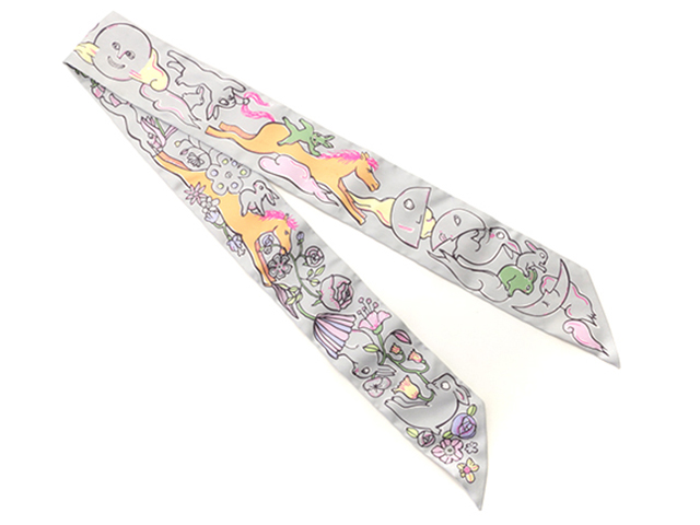 HERMES エルメス スカーフ ツイリー MILLE ET UN LAPINS グリス