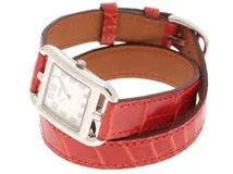 HERMES エルメス レディース時計 ケープコッドPM Wトゥール レッド シルバー文字盤 ステンレス アリゲーター CC1.210a【434】