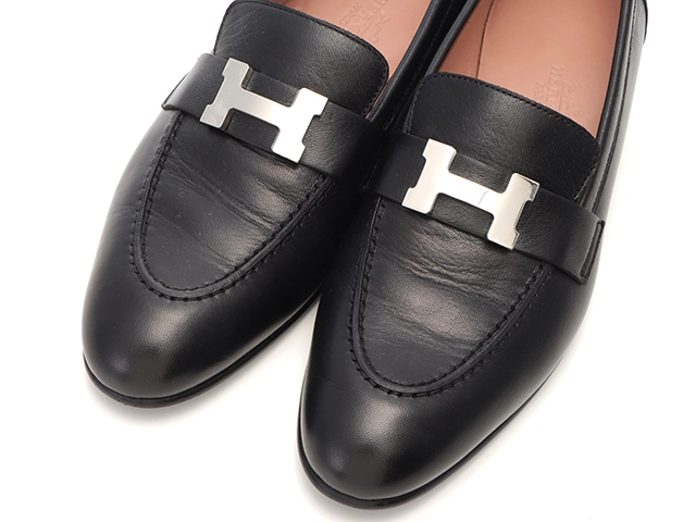HERMES エルメス モカシン パリ レディース36ハーフ ブラック/シルバー金具 レザー H201199Z 2120500242699 【432】