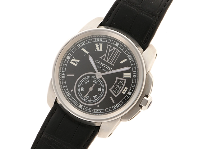 Cartier カルティエ 腕時計 2010年正規品 カリブル ドゥ カルティエ W7100014 スティール/アリゲーターベルト ブラック文字盤 自動巻き【471】