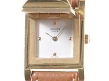 HERMES エルメス メドール ME1.201 ゴールドメッキ/レザー ホワイト文字盤 クォーツ レディース 腕時計 K