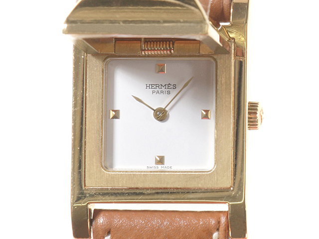 HERMES エルメス メドール ME1.201 ゴールドメッキ/レザー ホワイト