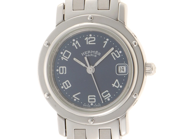 HERMES エルメス 腕時計 クリッパー CL4.210 ブルー文字盤 ステンレススチール クォーツ【472】SJ