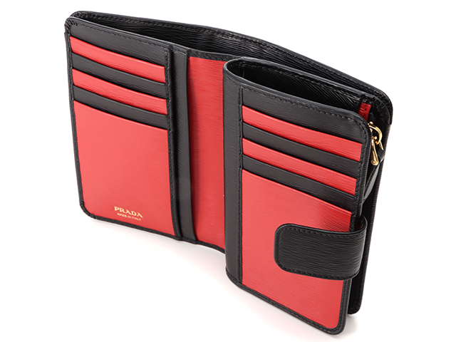 PRADA プラダ L型ZIP 財布 ブラック×レッド カーフ 極美✨PRADA 二つ折り