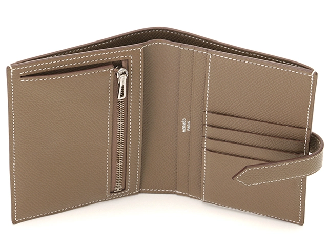 HERMES エルメス ベアンコンパクト 二つ折り財布 エトゥープ ヴォーエプソン Z刻印 シルバー金具【473】