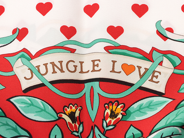 HERMES　エルメス　カレ90　シルク　ホワイト　レッド　ブラウン　 JUNGLE LOVE LOVE　2143000563354　【430】