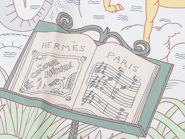 HERMES　エルメス　カレ90　LE CARNAVAL DES ANIMAUX　アクア/ヴェール/ジョーヌ【430】2143000654557