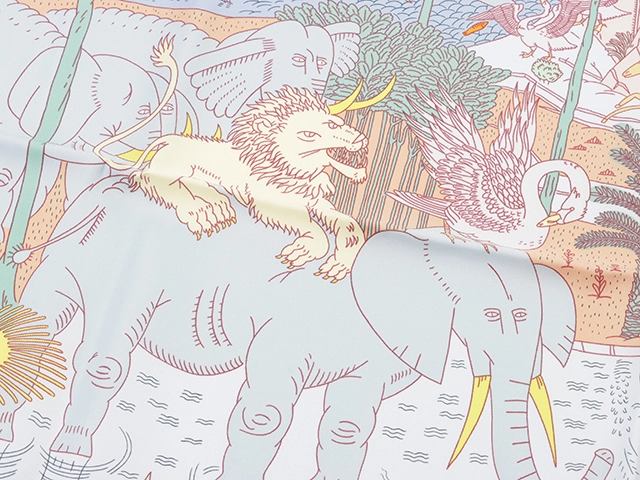 HERMES　エルメス　カレ90　LE CARNAVAL DES ANIMAUX　アクア/ヴェール/ジョーヌ【430】2143000654557