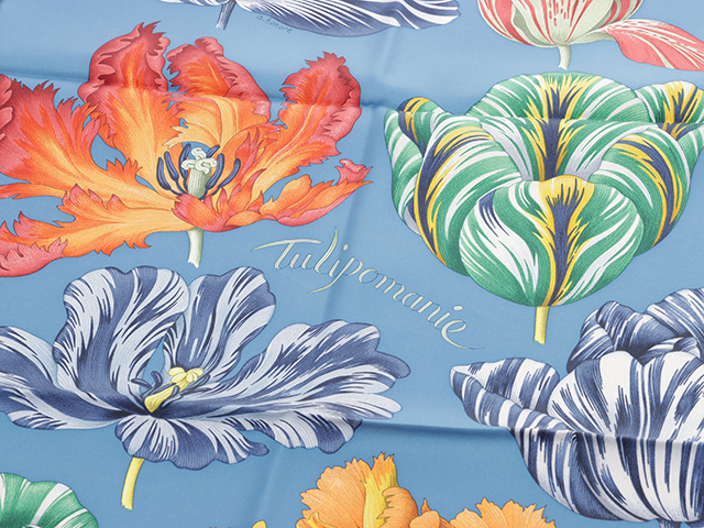HERMES エルメス カレ90 TULIPOMANIE ブルーコバルト/オレンジ