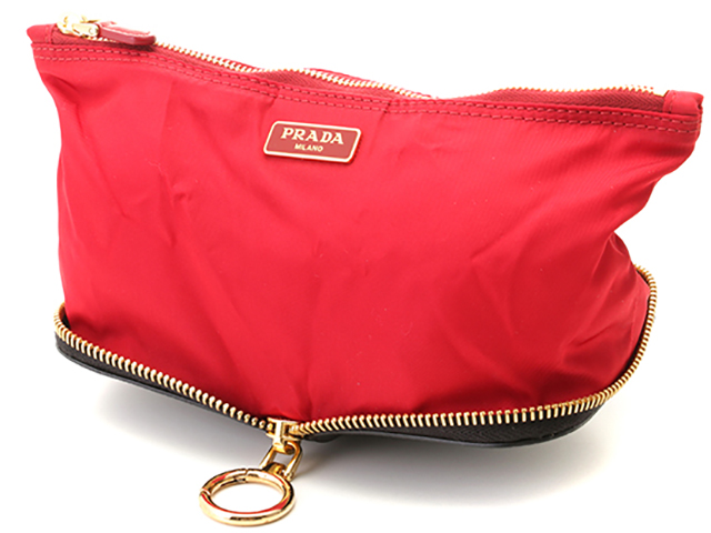 PRADA プラダ 折り畳みポーチ ブラック レッド ナイロン レザー