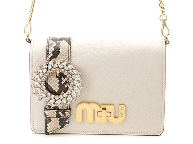 新作グッ MIU MIU レザー ビジューチェーンショルダーバッグ ミュウミュウ バッグ