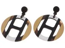 HERMES　エルメス　Hエキップピアス　ブラック/ゴールド/シルバー　バッファローホーン　2143000722812【432】
