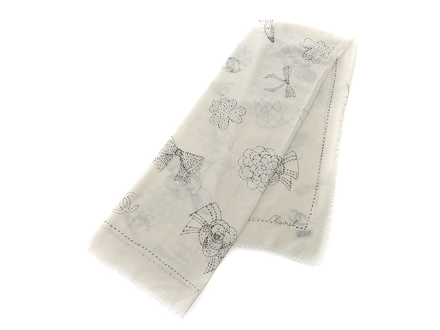 CHANEL シャネル カメリアストール ホワイト/ブラック カシミヤ