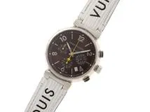 LOUIS VUITTON　ルイ・ヴィトン　タンブール クロノ　ブラウン文字盤　SS/レザー　Q1121　自動巻き　オートマチック　メンズ腕時計【431】