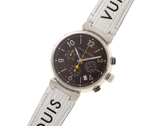 LOUIS VUITTON　ルイ・ヴィトン　タンブール クロノ　ブラウン文字盤　SS/レザー　Q1121　自動巻き　オートマチック　メンズ腕時計【431】
