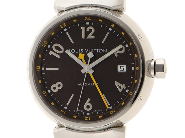 【限定価格】LOUIS VUITTON ルイヴィトン 腕時計 タンブール ムーン GMT 替えベルト付 AT ホワイト文字盤 SS Q8D31 自動巻き ステンレススチール  レザー   シルバー メンズ 定番【品】