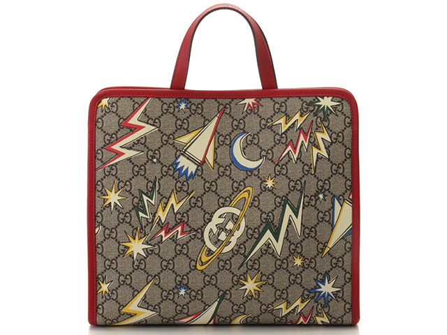 GUCCI　グッチ　チルドレンズスペース柄　GGスプリームトートバッグ　605614　PVC　レザー　ベージュ　レッド　 マルチ【430】2143100407404