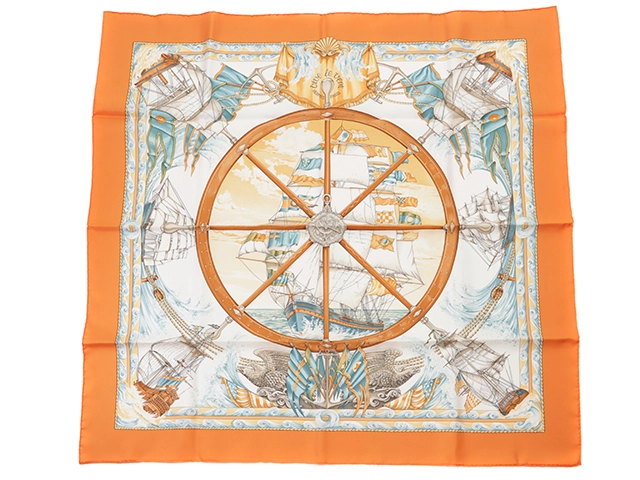 HERMES エルメス カレ90 VIVE LE VENT 風よ吹け オレンジ シルク 【431