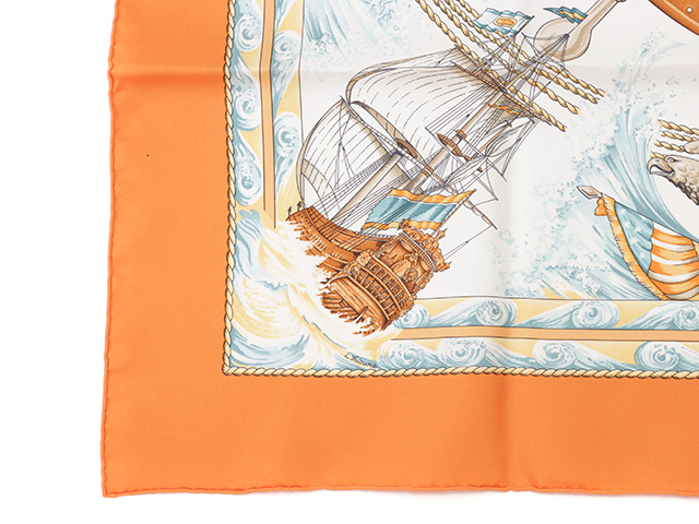 HERMES エルメス カレ90 VIVE LE VENT 風よ吹け オレンジ シルク 【431