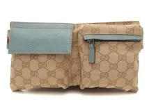 GUCCI　グッチ　GGウエストバッグ　シェリーライン　ベージュ　ブルー　キャンバス　レザー162962【472】HG