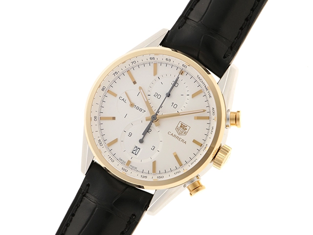 TAG HEUER タグ・ホイヤー 時計 カレラ クロノグラフ キャリバー1887 CAR2150.FC6266 メンズ 自動巻き YG/SS レザーベルト シルバー文字盤【431】2143100485013
